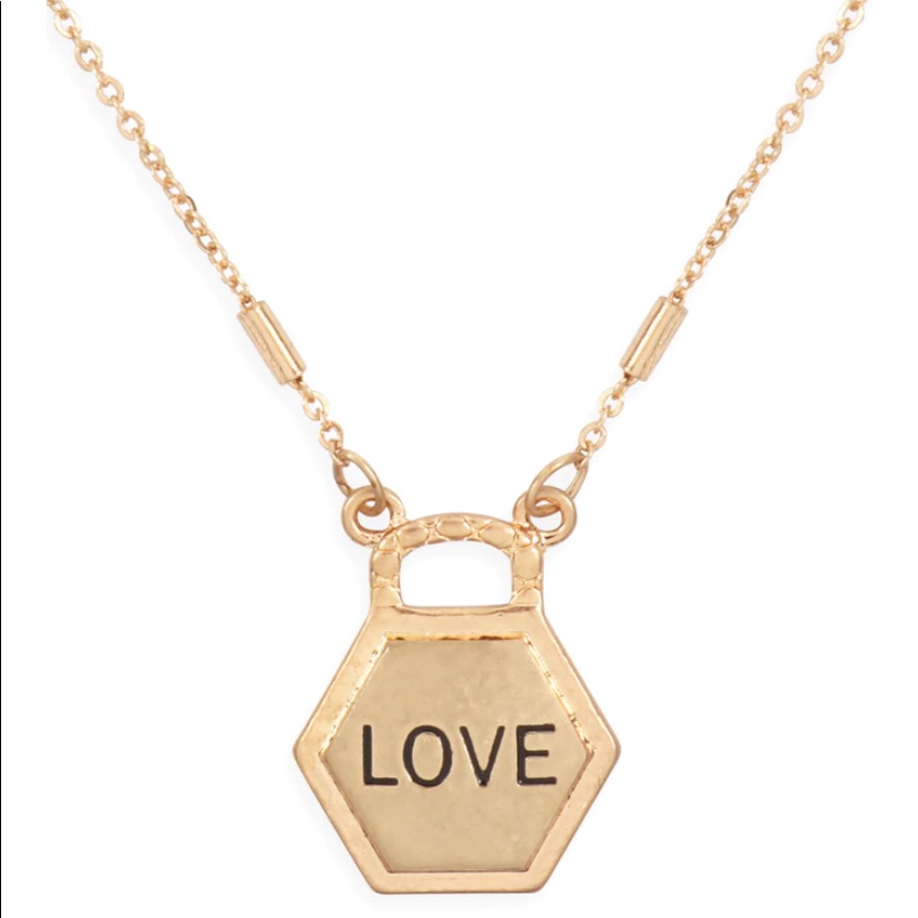 “Love” Hexagon Gold Pendant Charm Necklace